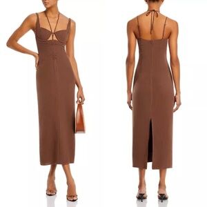 Fore Drawstring Tie Neck Cutout Midi Dress Brown